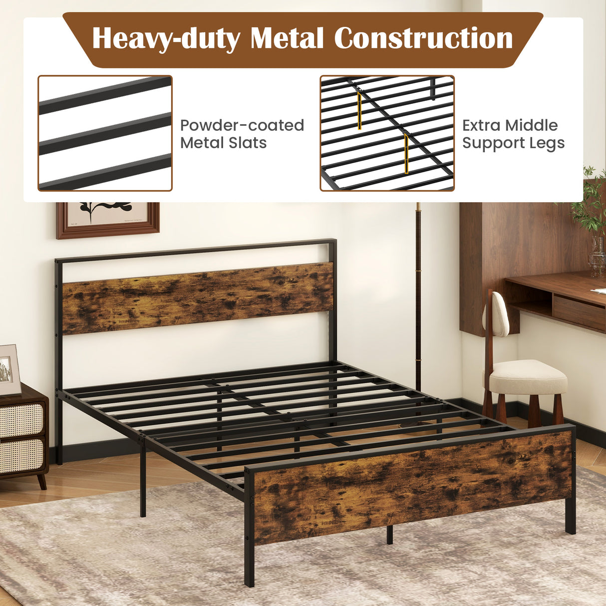 Twin Metal Bed Frame Industrial Platform Bed with Wooden Headboard