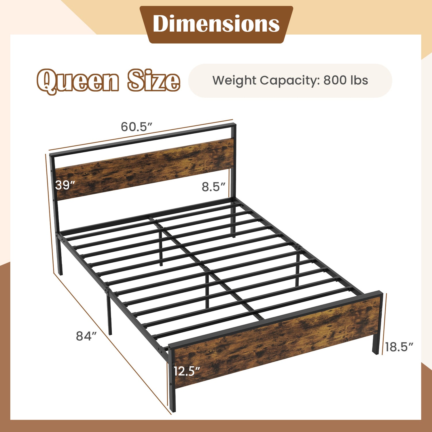 Twin Metal Bed Frame Industrial Platform Bed with Wooden Headboard