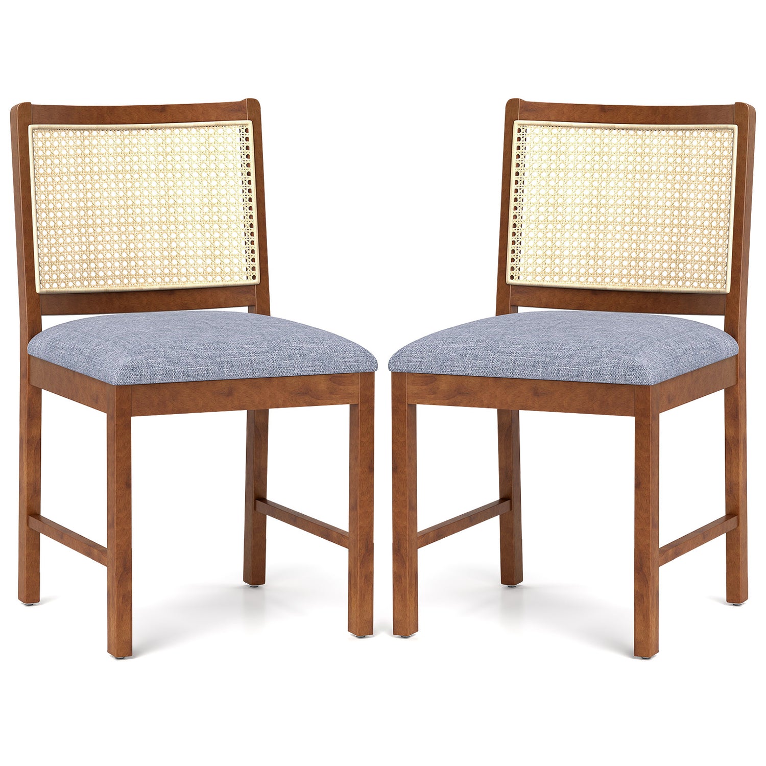Rattan Dining Chair Set of 2 with Rubber Wood Frame and Linen Fabric Padded Seat-Walnut