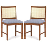 Rattan Dining Chair Set of 2 with Rubber Wood Frame and Linen Fabric Padded Seat-Walnut