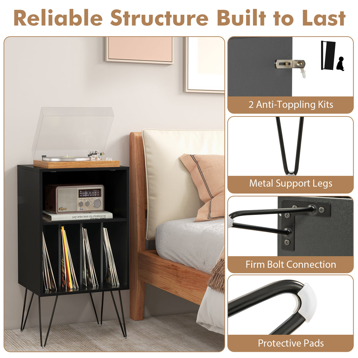 Record Player Stand with Charging Station for Living Room Bedroom
