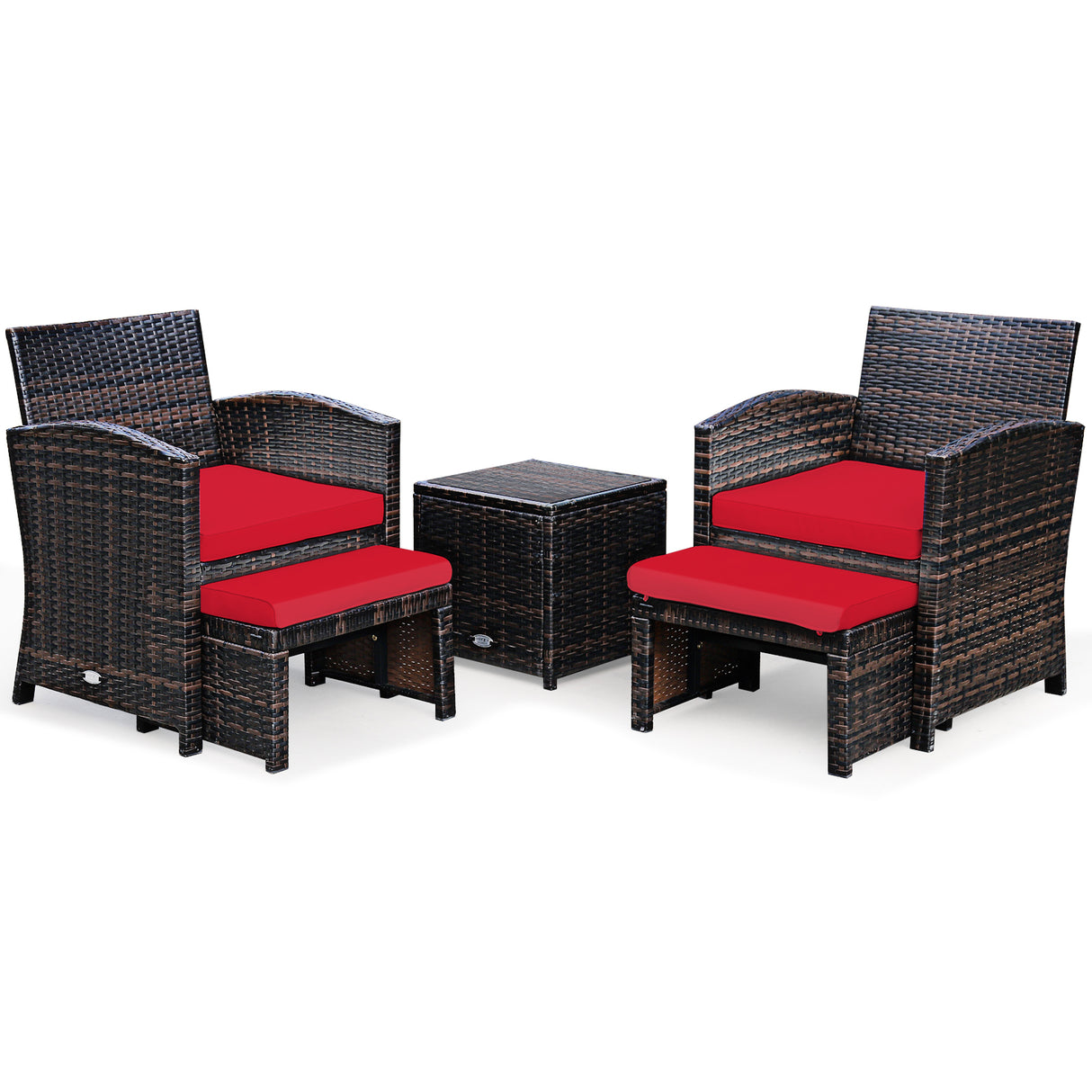 5 Pieces Patio Rattan Furniture Set with Ottoman and Tempered Glass Coffee Table
