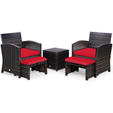 5 Pieces Patio Rattan Furniture Set with Ottoman and Tempered Glass Coffee Table