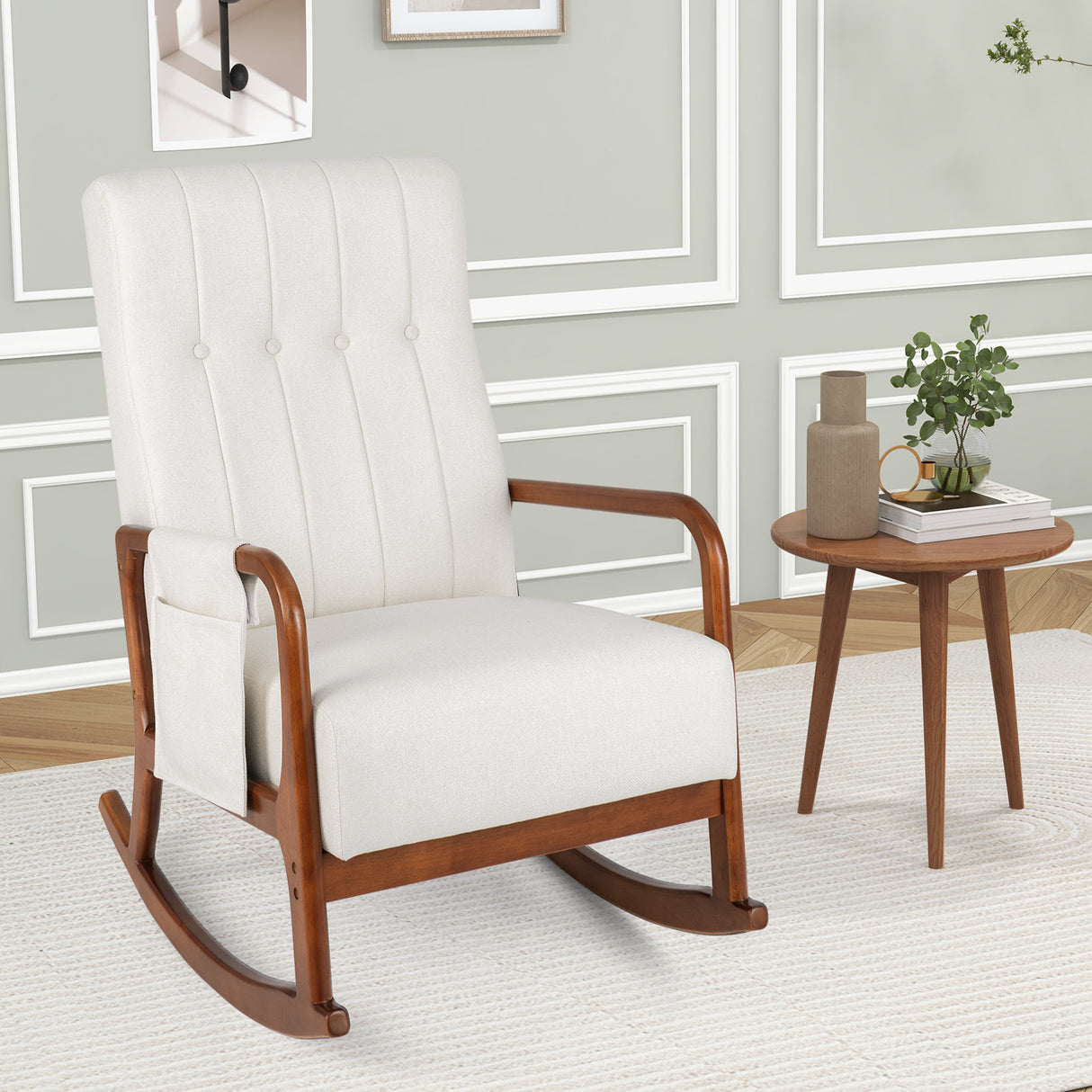 Rocking Chair with Ottoman and Solid Rubber Wood Frame and Padded Cushion