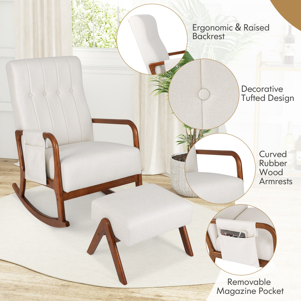 Rocking Chair with Ottoman and Solid Rubber Wood Frame and Padded Cushion
