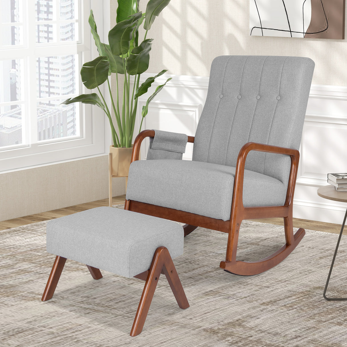 Rocking Chair with Ottoman and Solid Rubber Wood Frame and Padded Cushion