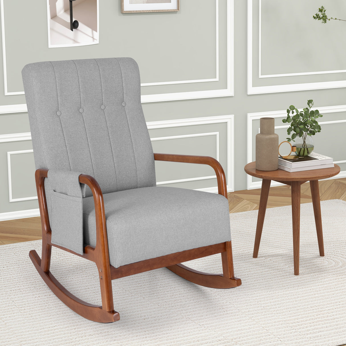 Rocking Chair with Ottoman and Solid Rubber Wood Frame and Padded Cushion