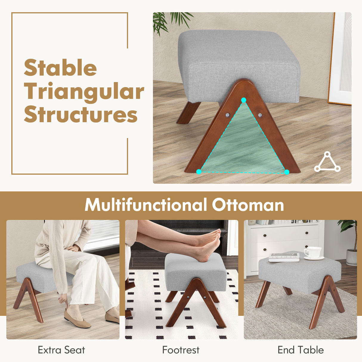 Rocking Chair with Ottoman and Solid Rubber Wood Frame and Padded Cushion