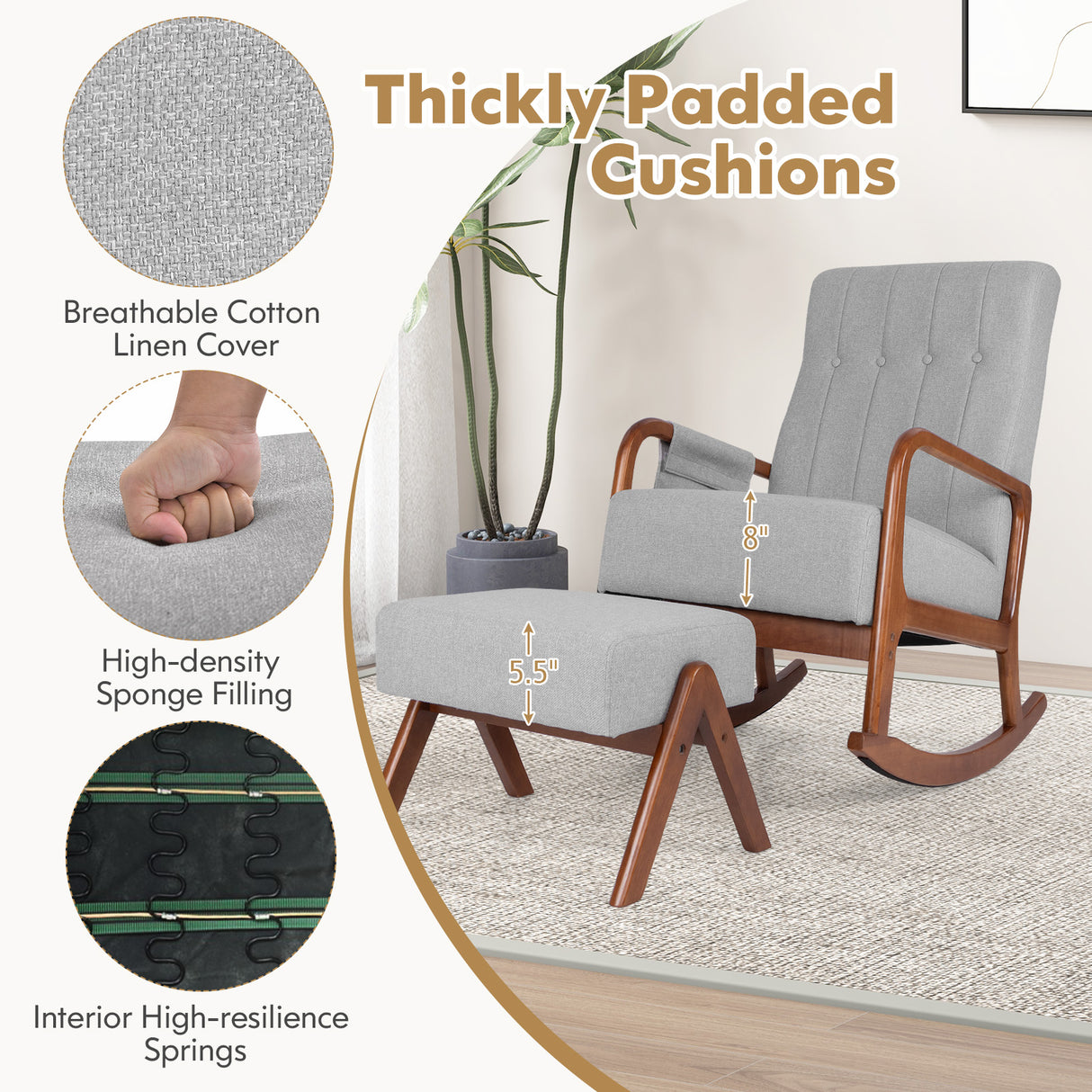 Rocking Chair with Ottoman and Solid Rubber Wood Frame and Padded Cushion