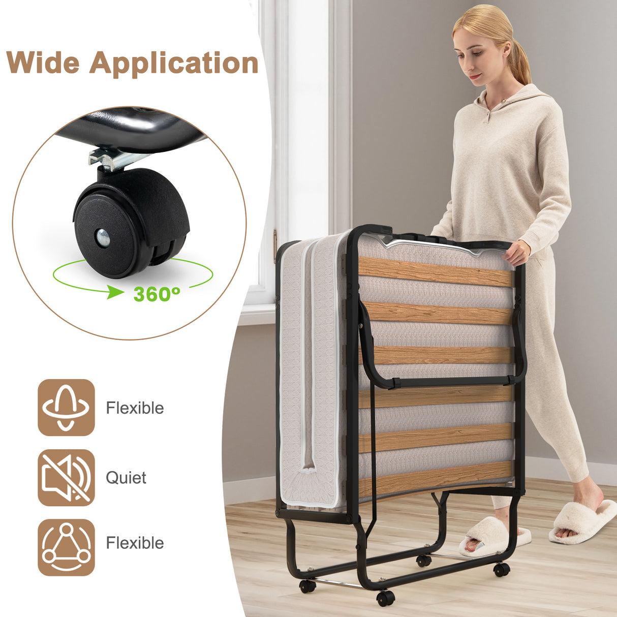 Rollaway Folding Bed with Memory Foam Mattress Made in Italy