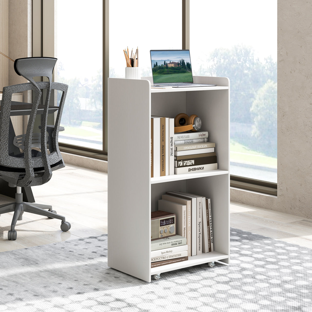 Rolling Podium Stand with 2 Shelves and Lockable Wheels