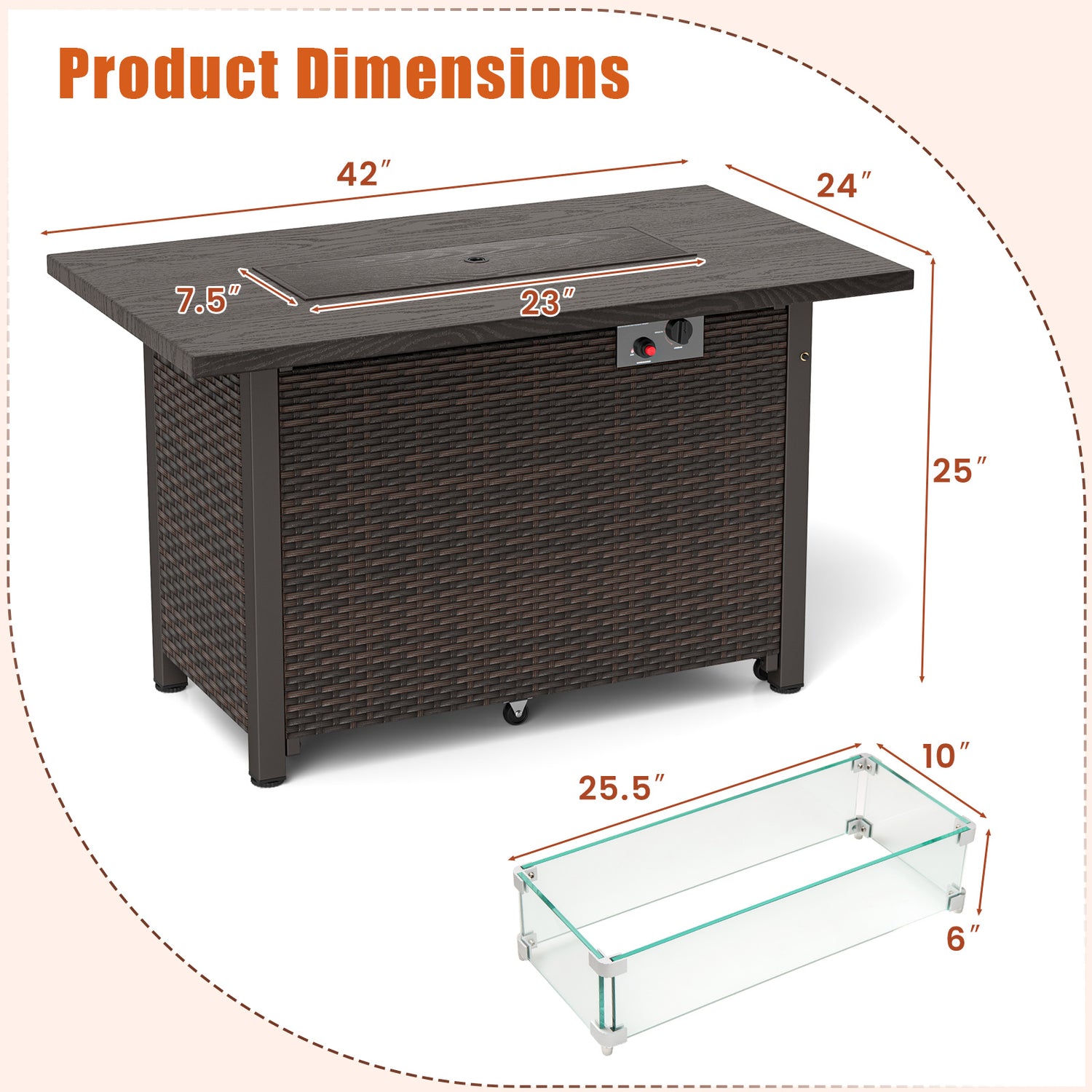 50000 BTU 2 Inch ropane Gas Fire Pit Table with Wind Guard and Glass Rocks
