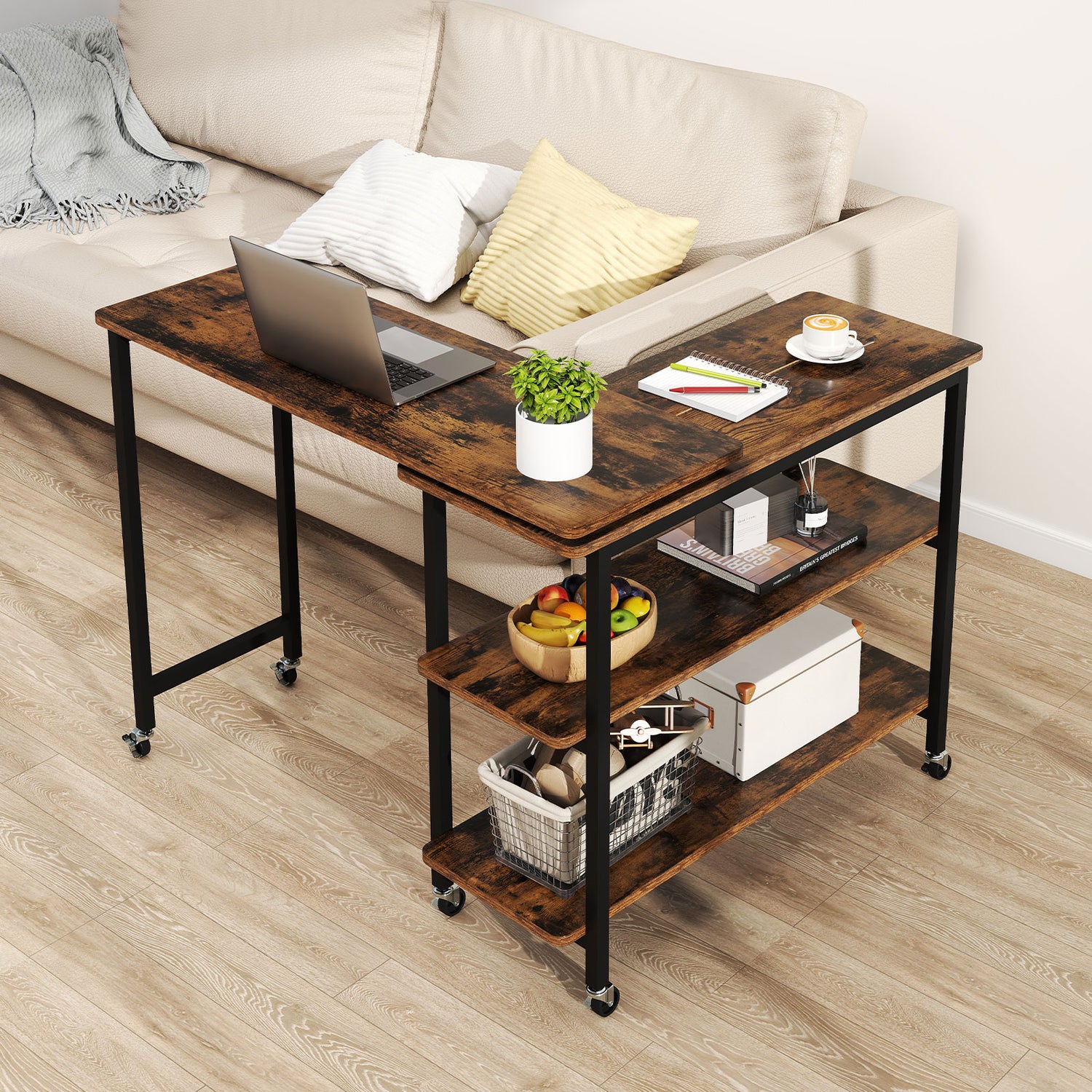 360Â° Rotating Sofa Side Table with Storage Shelves and Wheels