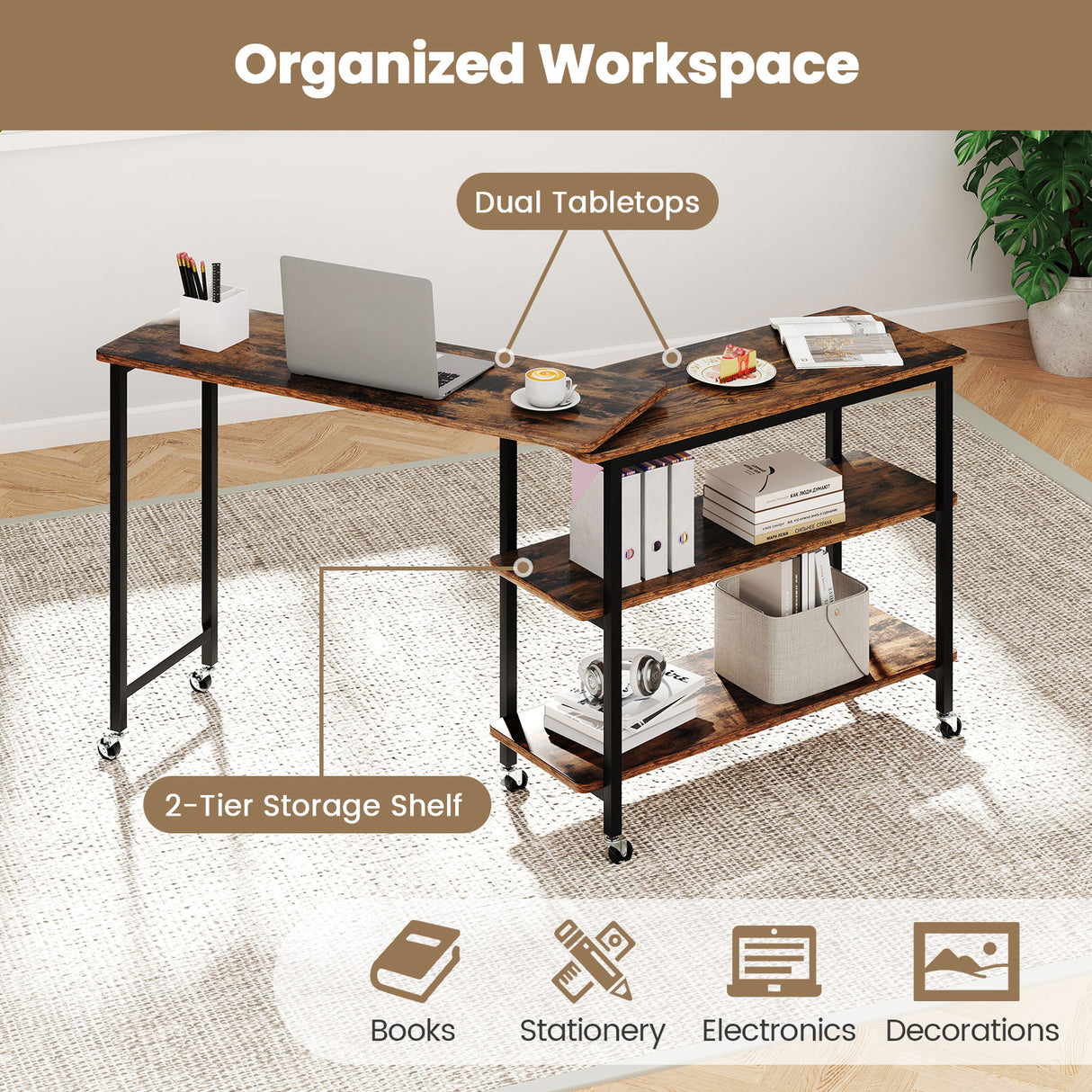 360Â° Rotating Sofa Side Table with Storage Shelves and Wheels