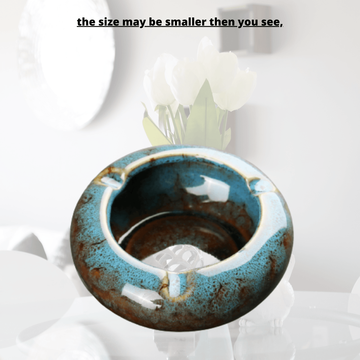 Round Glossy Ceramic Ashtrays + Flameless Lighter (BLUISH)