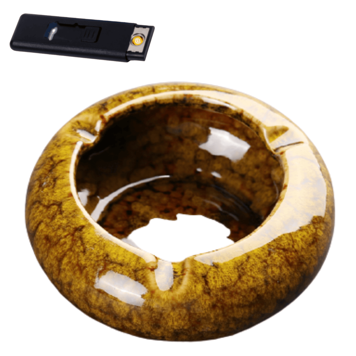 Round Glossy Ceramic Ashtrays + Flameless Lighter (BROWNISH)