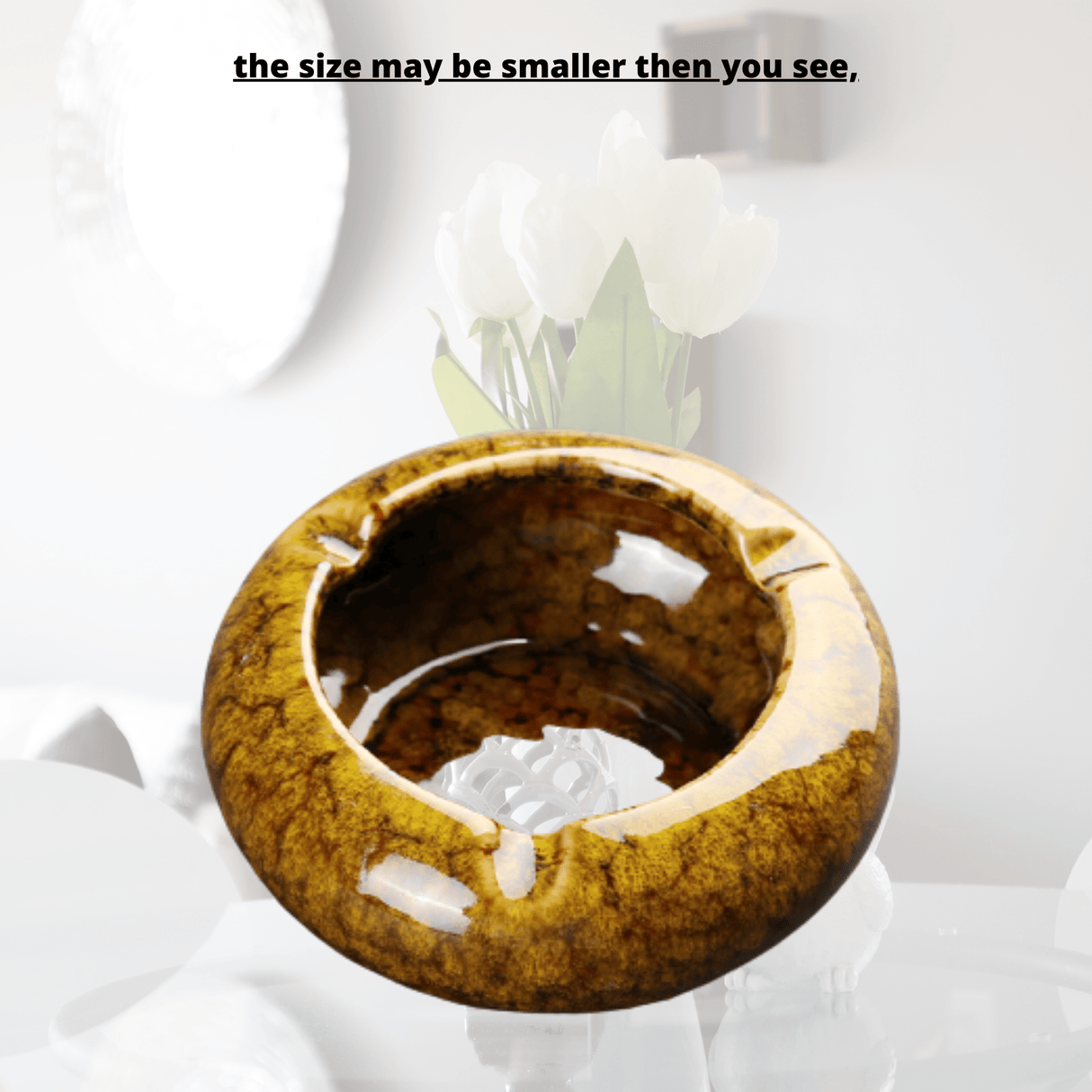 Round Glossy Ceramic Ashtrays + Flameless Lighter (BROWNISH)