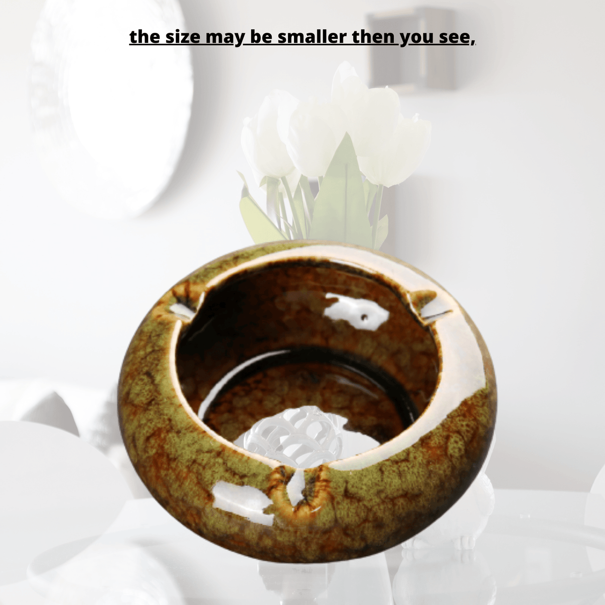 Round Glossy Ceramic Ashtrays + Flameless Lighter (GREENISH)