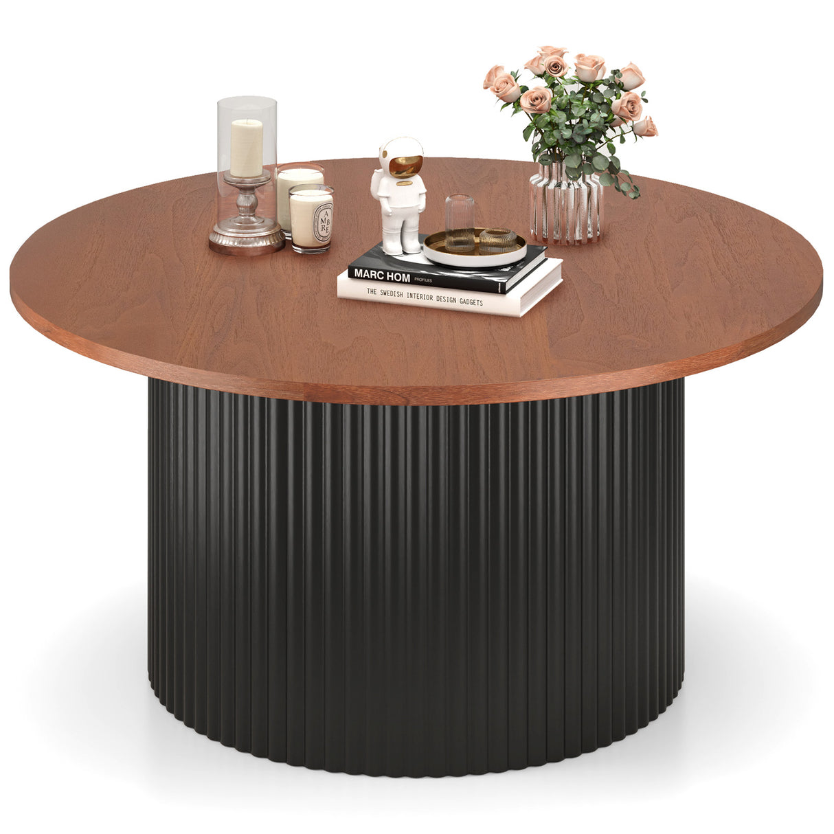 Round Coffee Table with Solid Wood Frame and Wooden Top-Walnut