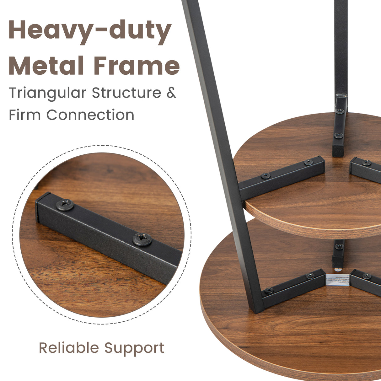 2-Tier Round End Table Set of 2 with Open Shelf and Triangular Metal Frame-Walnut