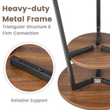 2-Tier Round End Table Set of 2 with Open Shelf and Triangular Metal Frame-Walnut