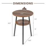 2-Tier Round End Table Set of 2 with Open Shelf and Triangular Metal Frame-Walnut