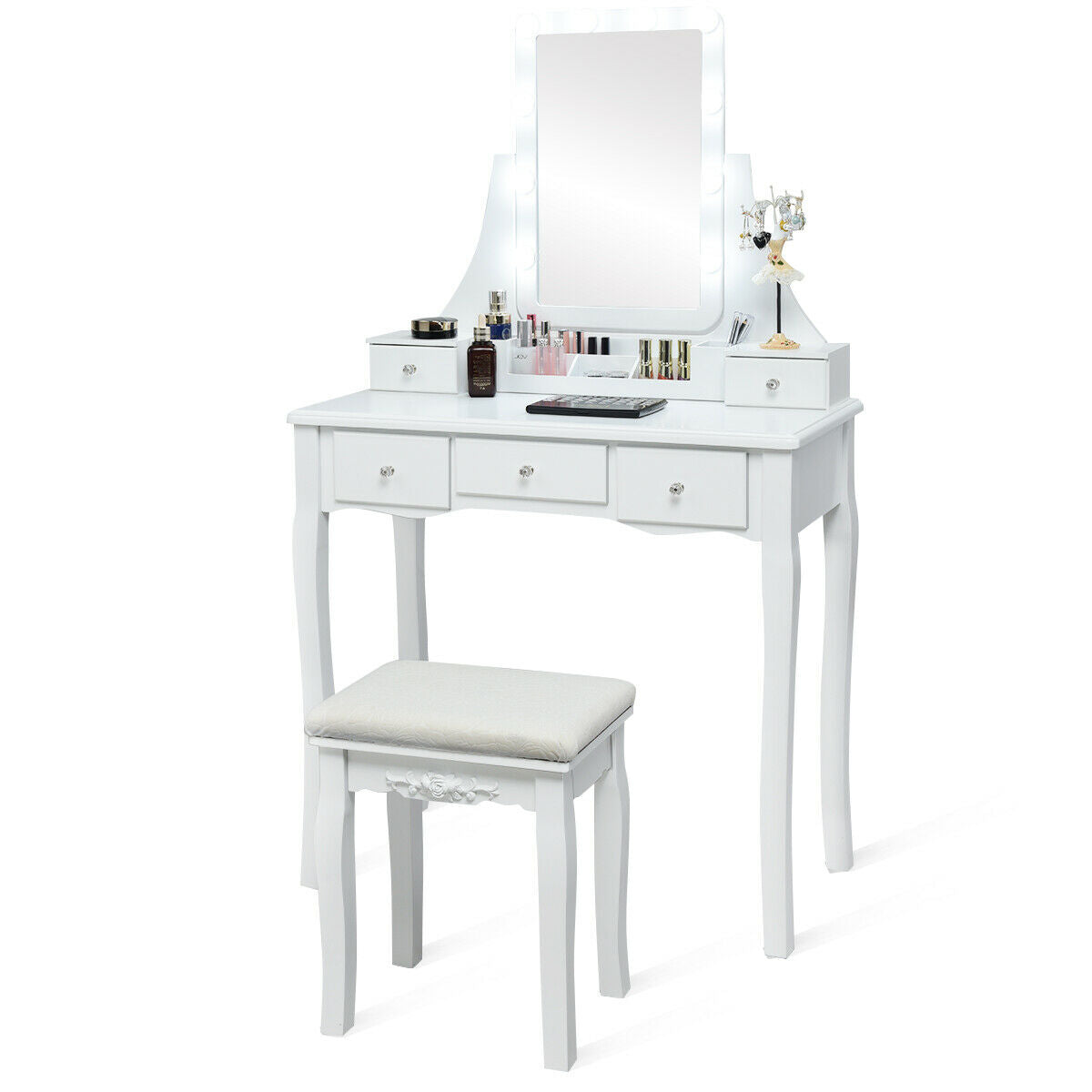 10 Dimmable Light Bulbs Vanity Dressing Table with 2 Dividers and Cushioned Stool