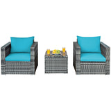 3 Pcs Patio Rattan Furniture Bistro Sofa Set with Cushioned