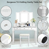 Makeup Dressing Table with Tri-Folding Mirror and Cushioned Stool for Women-White