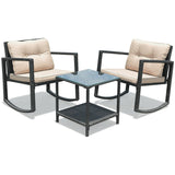 3 Pcs Wicker Rocking Bistro Set with Glass Coffee Table and Storage Shelf