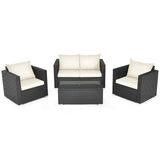 4 Pieces Patio Rattan Conversation Set with Cushions and Coffee Table