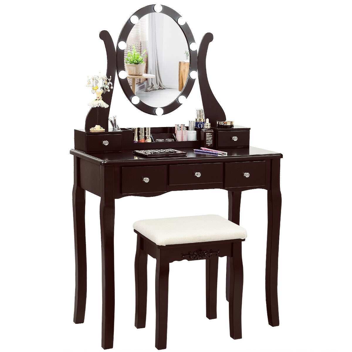 10 Dimmable Lights Vanity Table Set with Lighted Mirror and Cushioned Stool