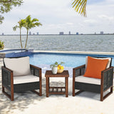 3 Pieces Patio Wicker Furniture Set with Washable Cushion and Acacia Wood Coffee Table