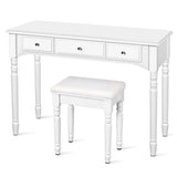 Makeup Dressing Table with Tri-Folding Mirror and Cushioned Stool for Women-White