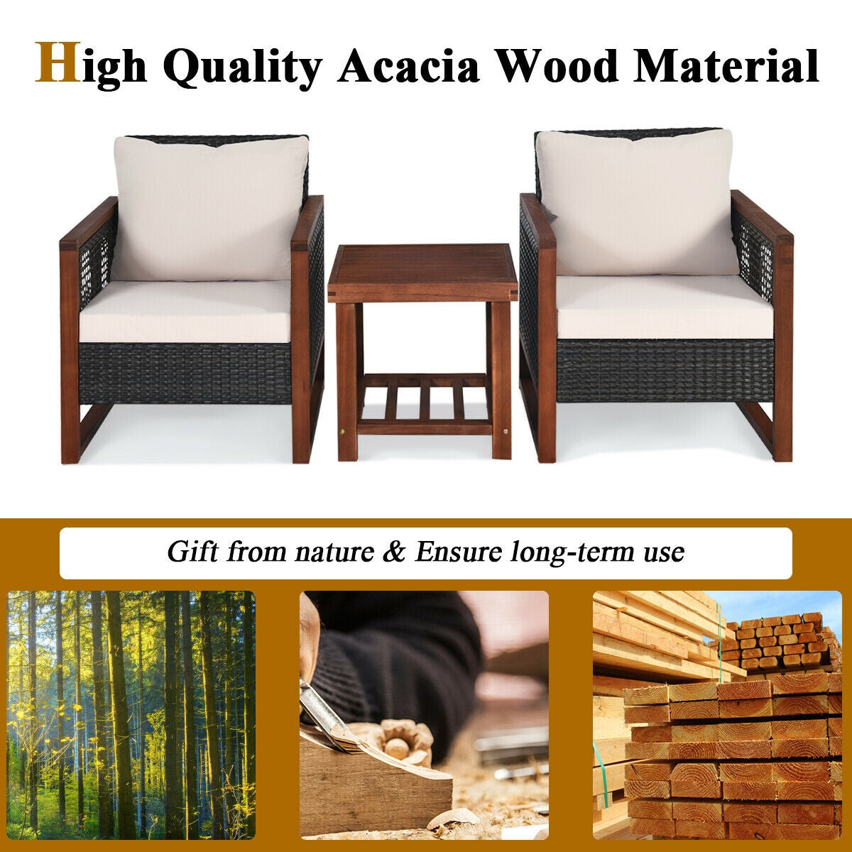 3 Pieces Patio Wicker Furniture Set with Washable Cushion and Acacia Wood Coffee Table