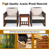 3 Pieces Patio Wicker Furniture Set with Washable Cushion and Acacia Wood Coffee Table