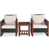 3 Pieces Patio Wicker Furniture Set with Washable Cushion and Acacia Wood Coffee Table