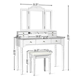Makeup Dressing Table with Tri-Folding Mirror and Cushioned Stool for Women-White