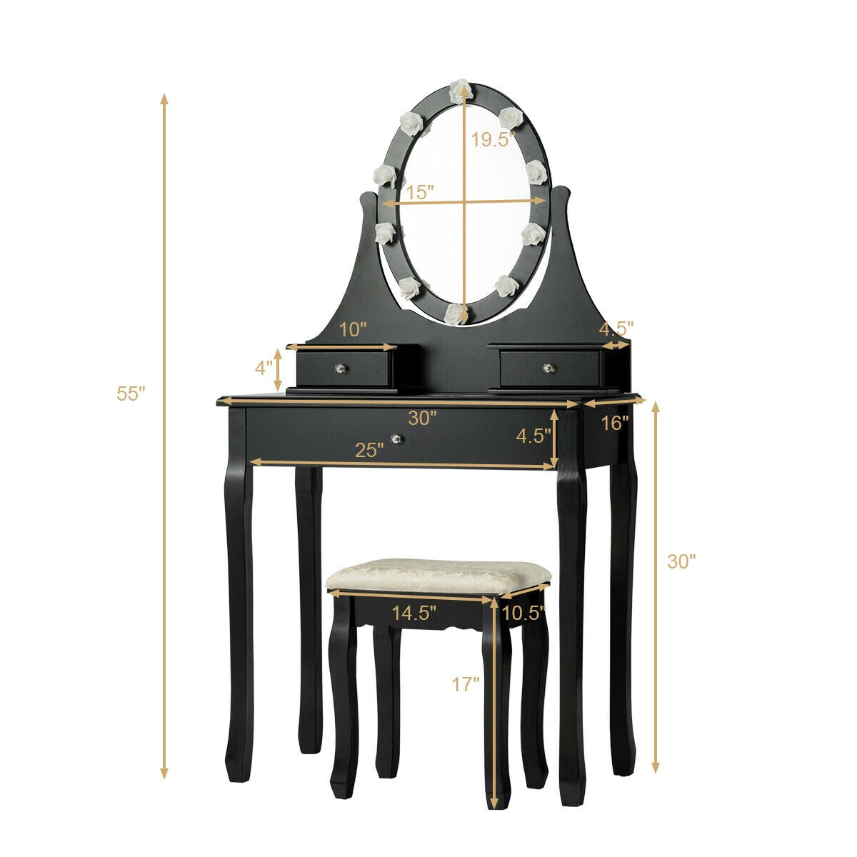 3 Drawers Lighted Mirror Vanity Dressing Table Stool Set-Black
