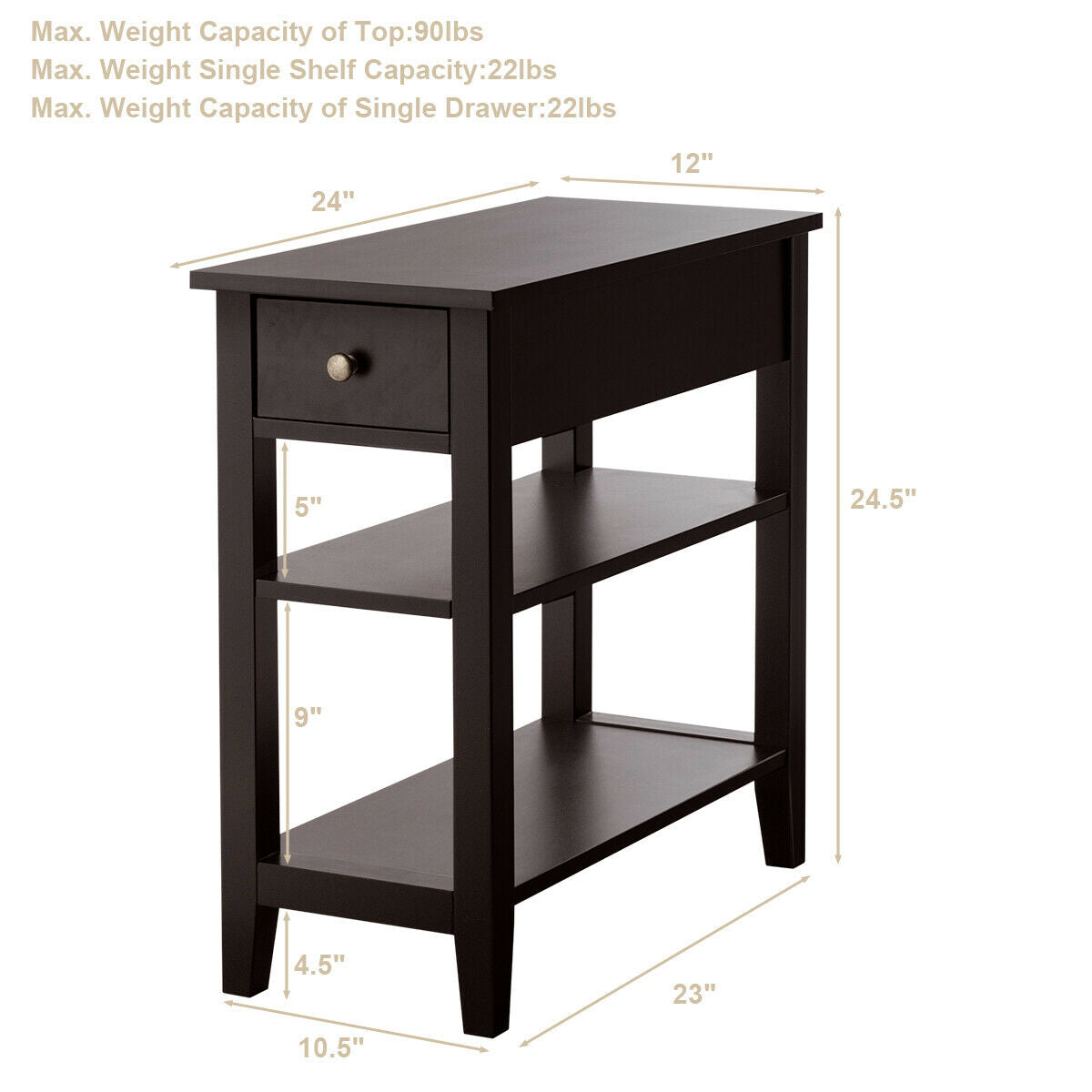 3-Tier Nightstand Bedside Table Sofa Side with Double Shelves Drawer