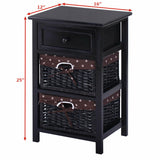 3 Tiers Wooden Storage Nightstand with 2 Baskets and 1 Drawer-black