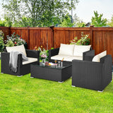 4 Pieces Patio Rattan Conversation Set with Cushions and Coffee Table