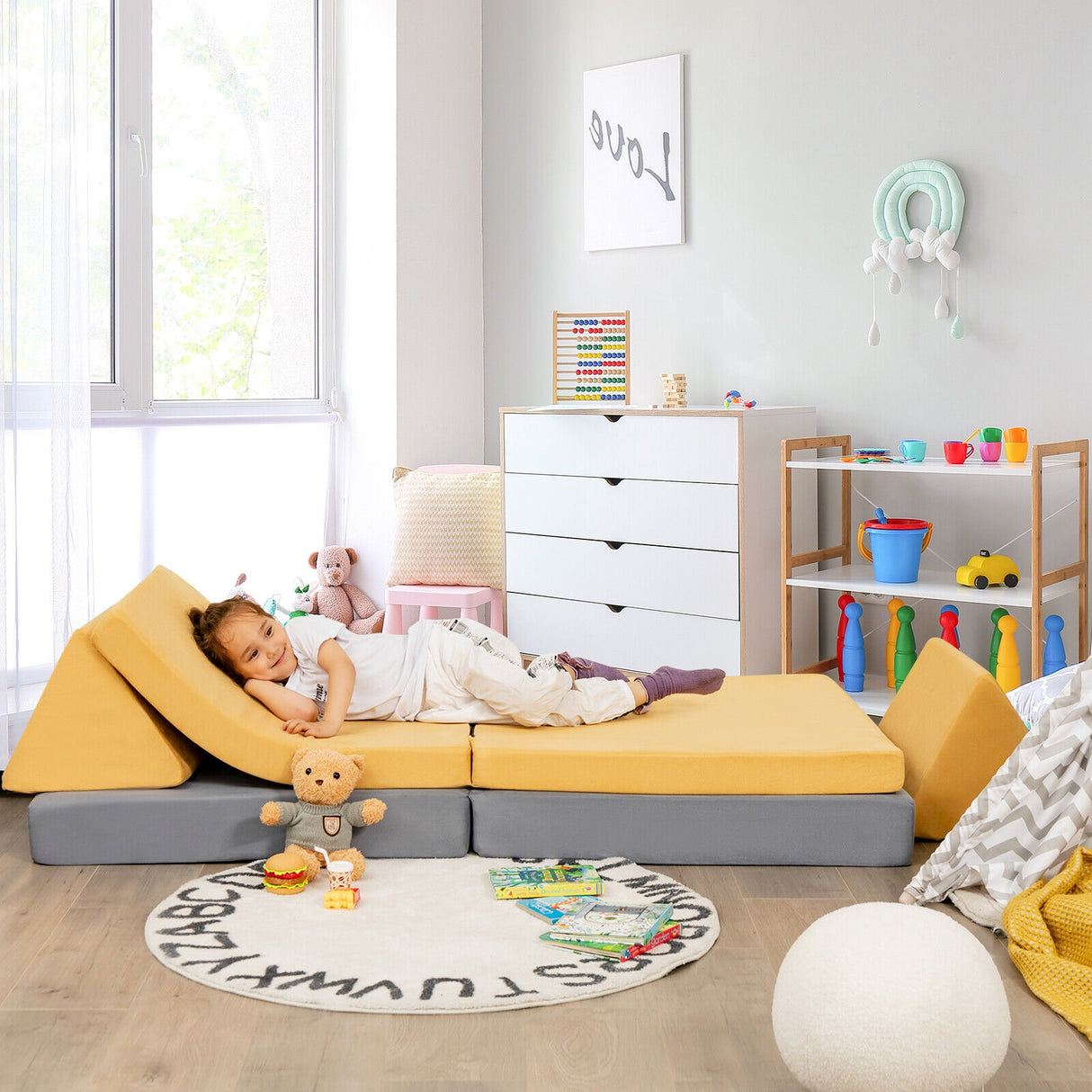 4-Piece Convertible Kids Couch Set with 2 Folding Mats