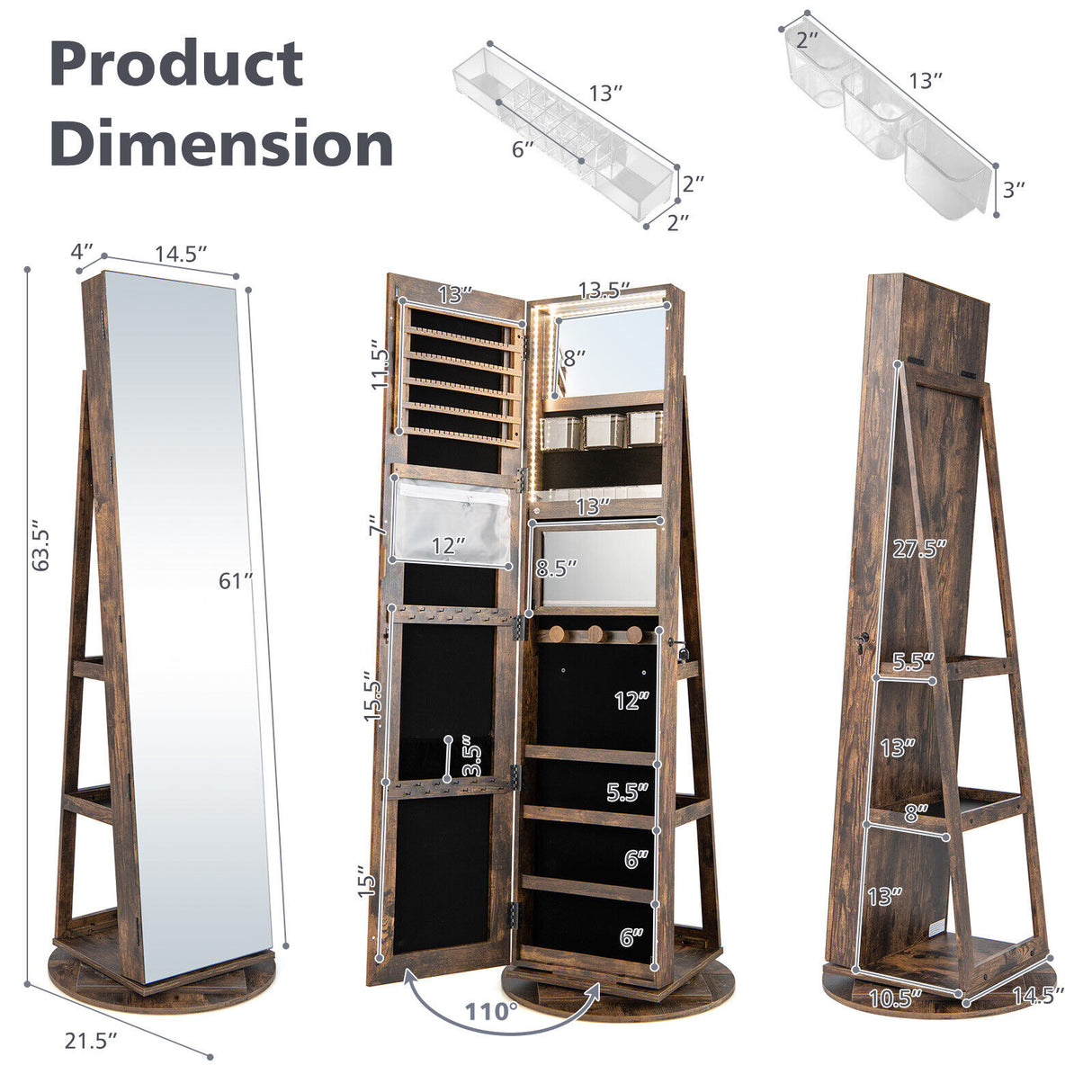 360Â° Rotating Mirrored Jewelry Cabinet Armoire 3 Color LED Modes Lockable