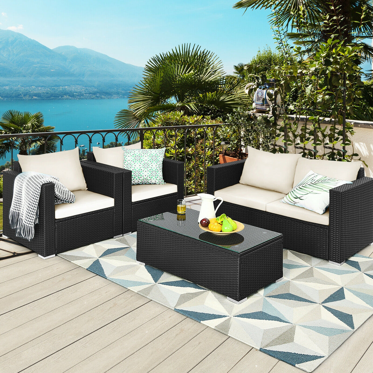 4 Pieces Patio Rattan Conversation Set with Cushions and Coffee Table