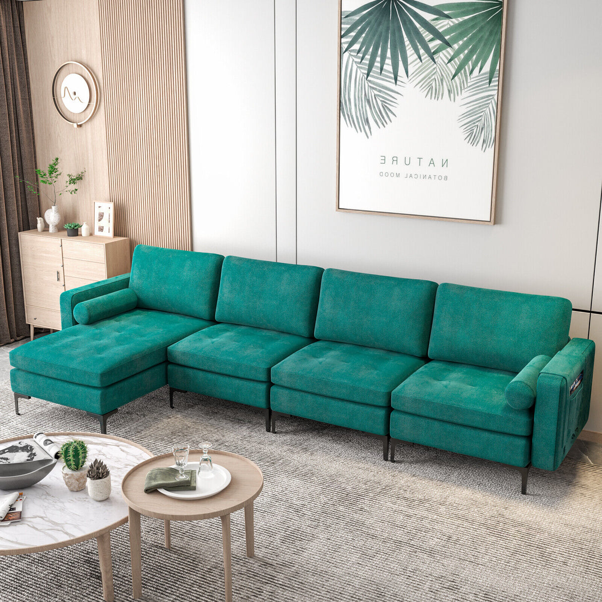 Modular L-shaped 4-Seat Sectional Sofa with Reversible Chaise and 2 USB Socket