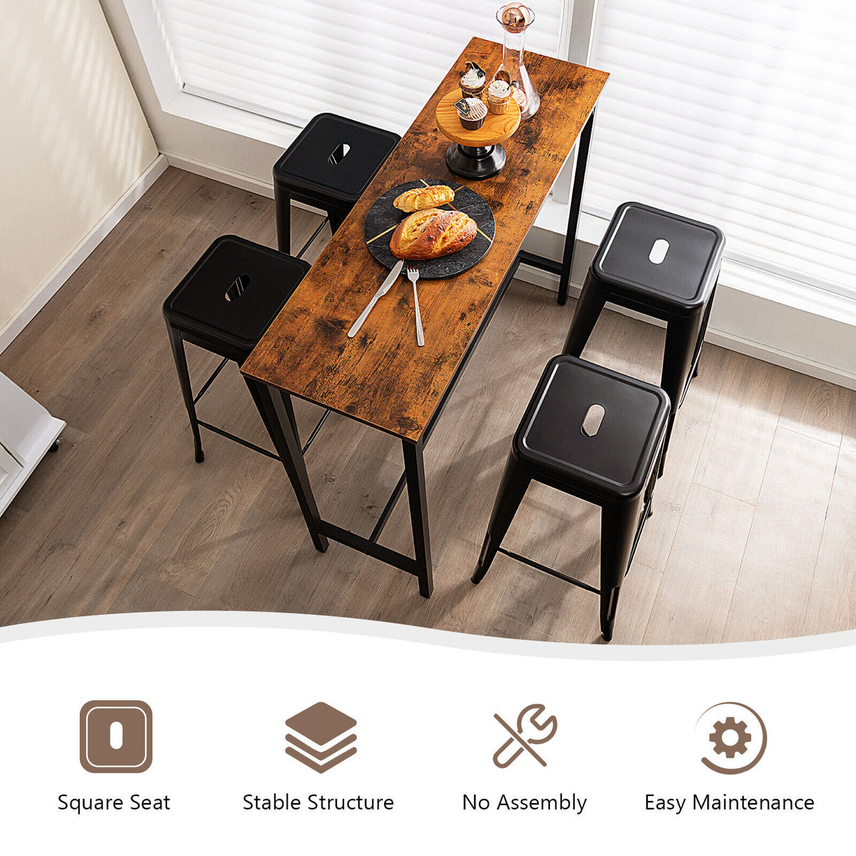 30 Inch Bar Stools Set of 4 with Square Seat and Handling Hole-Black