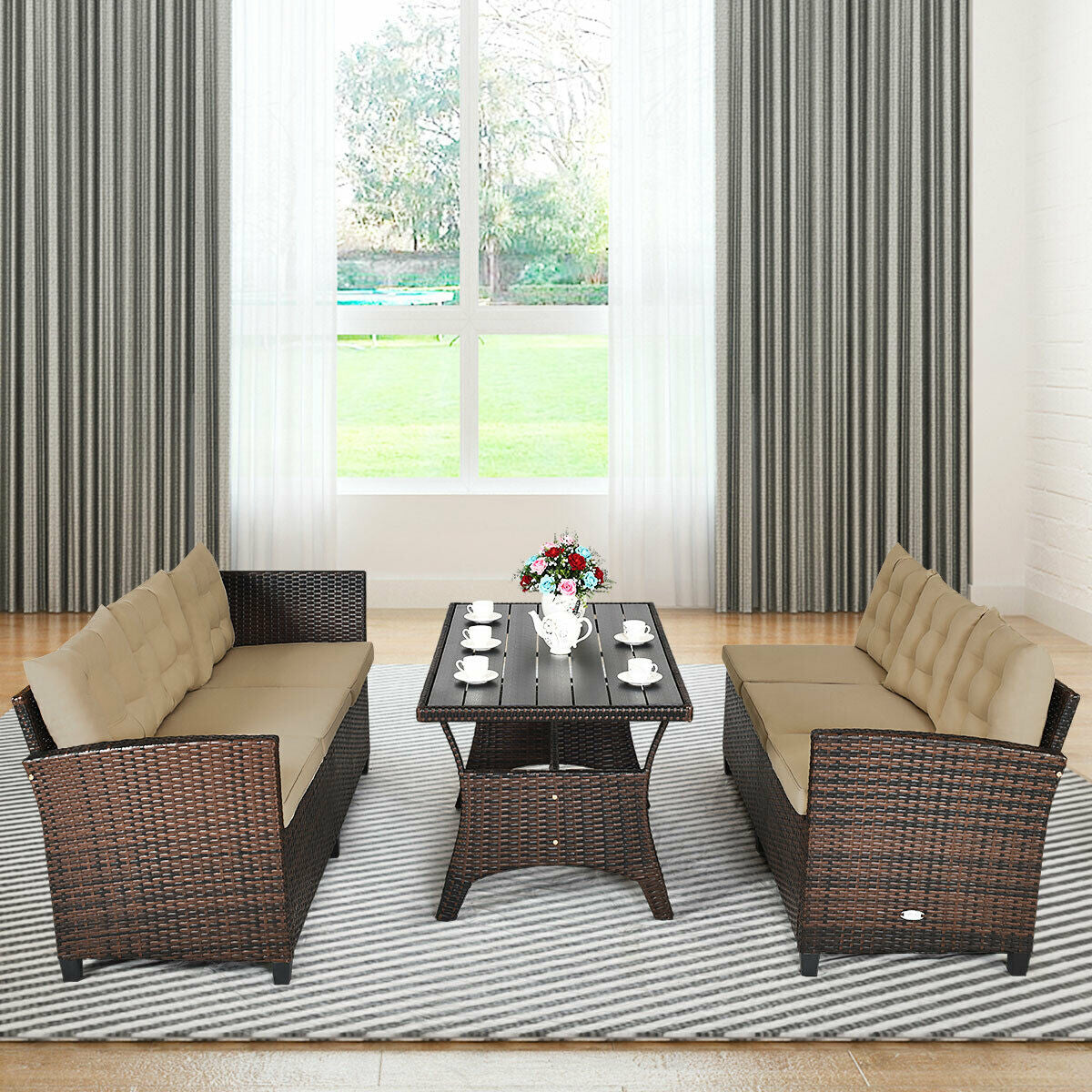 3 Pcs 6 Seats Rattan Dining Set Patio Furniture Sofa with Cushions