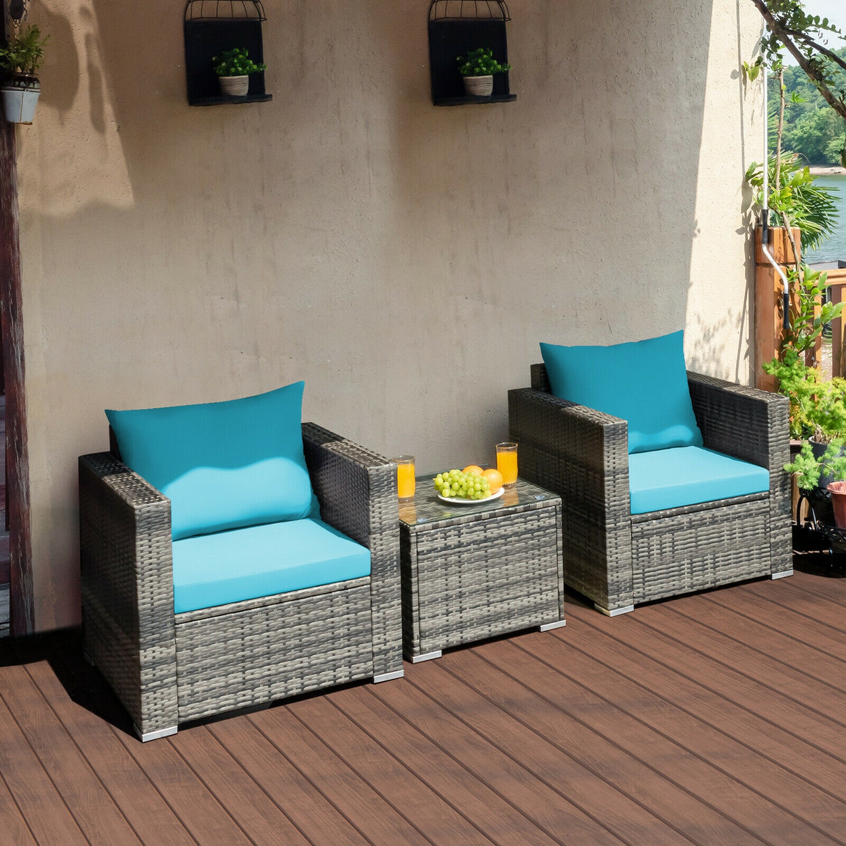 3 Pcs Patio Rattan Furniture Bistro Sofa Set with Cushioned