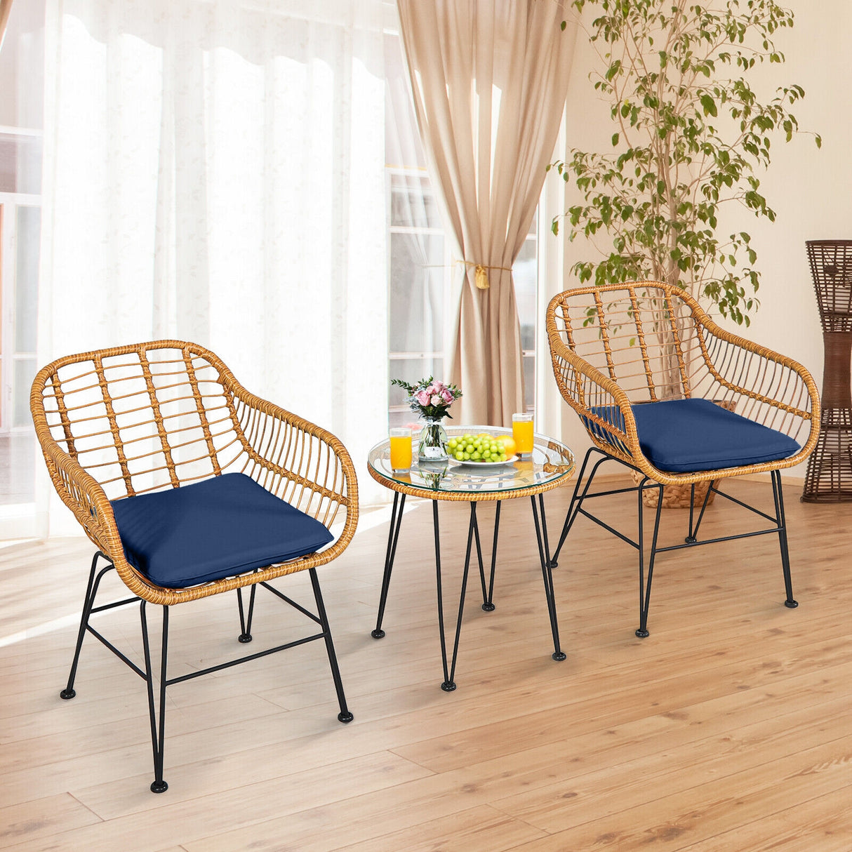 3 Pieces Rattan Furniture Set with Cushioned Chair Table